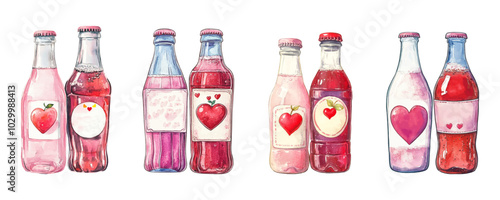 Watercolor set of vintage glass bottles with carbonated sugar drink. Sugary drinks in pink-red watercolor. . Carbonated water with various fruit flavors in a glass bottle.