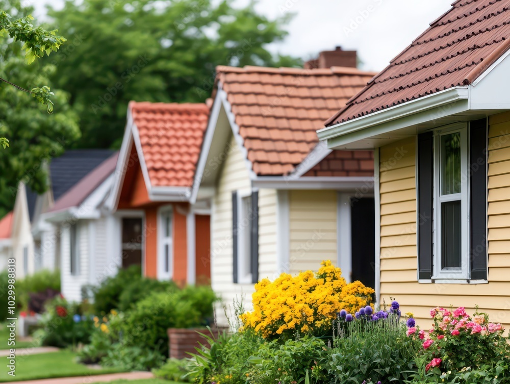 A row of charming colorful houses lined with blooming flowers under a clear blue sky. A row of charming colorful houses lined with blooming flowers under a clear blue sky.