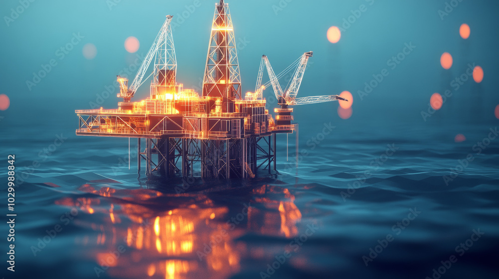 A simple illustration of an oil rig, representing the oil and gas industry. The image uses geometric shapes to show how oil is extracted, transported, and used.low poly wireframe. A simple illustration of an oil rig, representing the oil and gas industry. The image uses geometric shapes to show how oil is extracted, transported, and used.low poly wireframe.