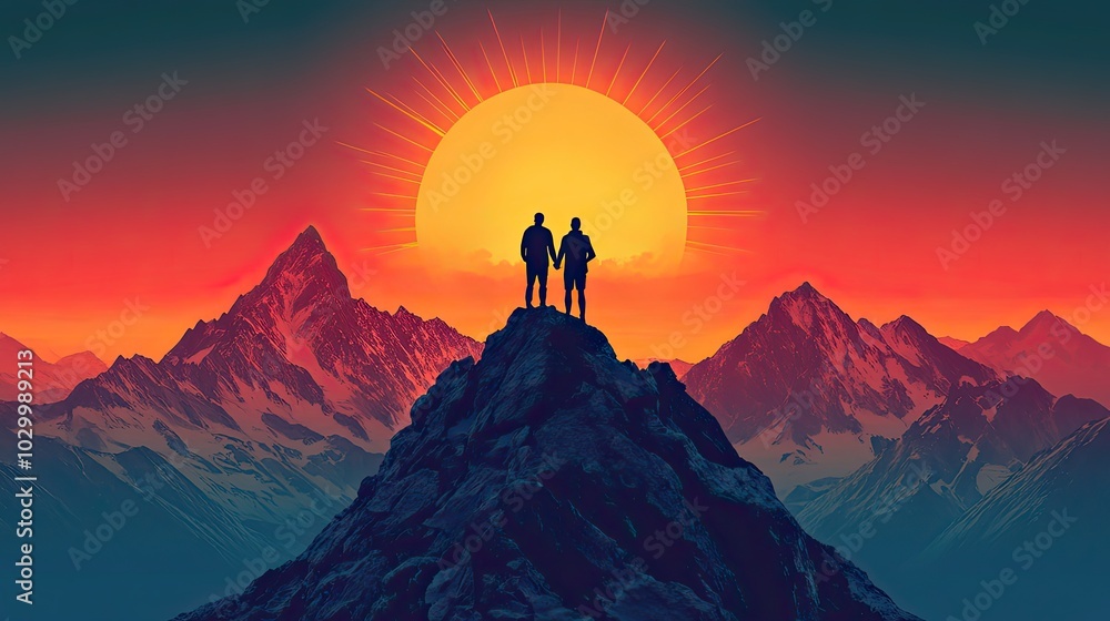 An illustrated logo of two people supporting each other to the top, with sun rays over a mountain, symbolizes teamwork and unity in business. An illustrated logo of two people supporting each other to the top, with sun rays over a mountain, symbolizes teamwork and unity in business.