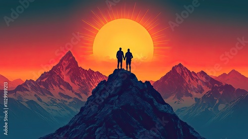 An illustrated logo of two people supporting each other to the top, with sun rays over a mountain, symbolizes teamwork and unity in business.