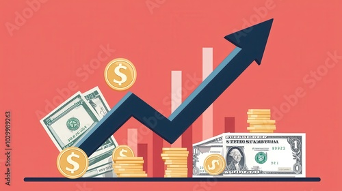 Revenue growth, upward arrow with coins and bills, flat design illustration photo