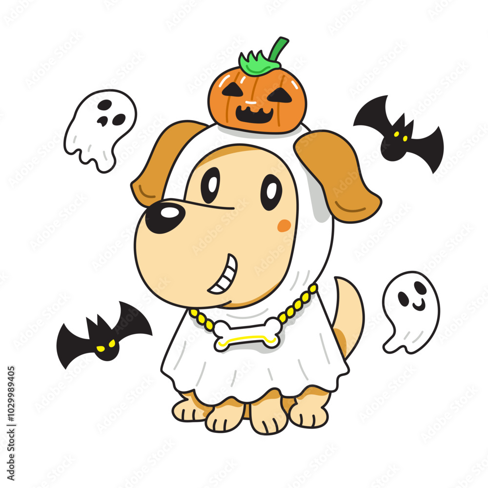 Fototapeta premium Cartoon labrador retriever dog with halloween costume for design.