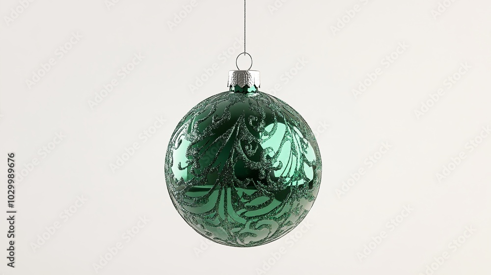 Adorned with an emerald hue, a solitary Christmas ornament hangs suspended against a pristine white backdrop. Its spherical form is adorned with intricate patterns Adorned with an emerald hue, a solitary Christmas ornament hangs suspended against a pristine white backdrop. Its spherical form is adorned with intricate patterns
