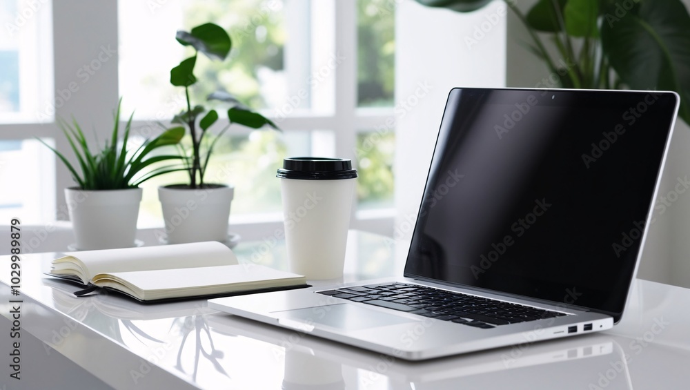 Open silver laptop,Silver Laptop Elegance on White surface,potted plant,diary and pen lying near laptop Open silver laptop,Silver Laptop Elegance on White surface,potted plant,diary and pen lying near laptop