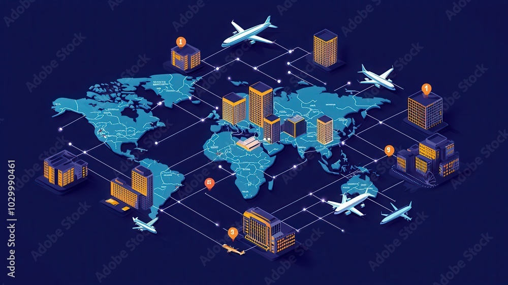 Illustration of global trade and transport network with map and airplanes. Illustration of global trade and transport network with map and airplanes.