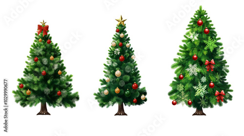 Three Decorated Christmas Trees with Ornaments on PNG Transparent Background