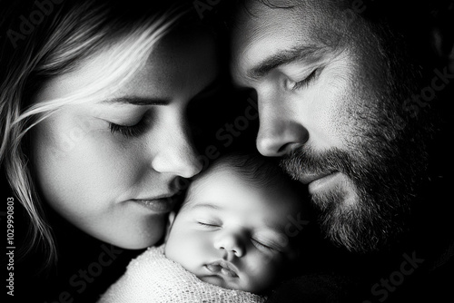 A Close-Up Of The Parents' Faces Filled With Joy As They Gaze Down At Their Sleeping Newborn, Capturing The Emotion And Connection In A Gentle, Intimate Setting