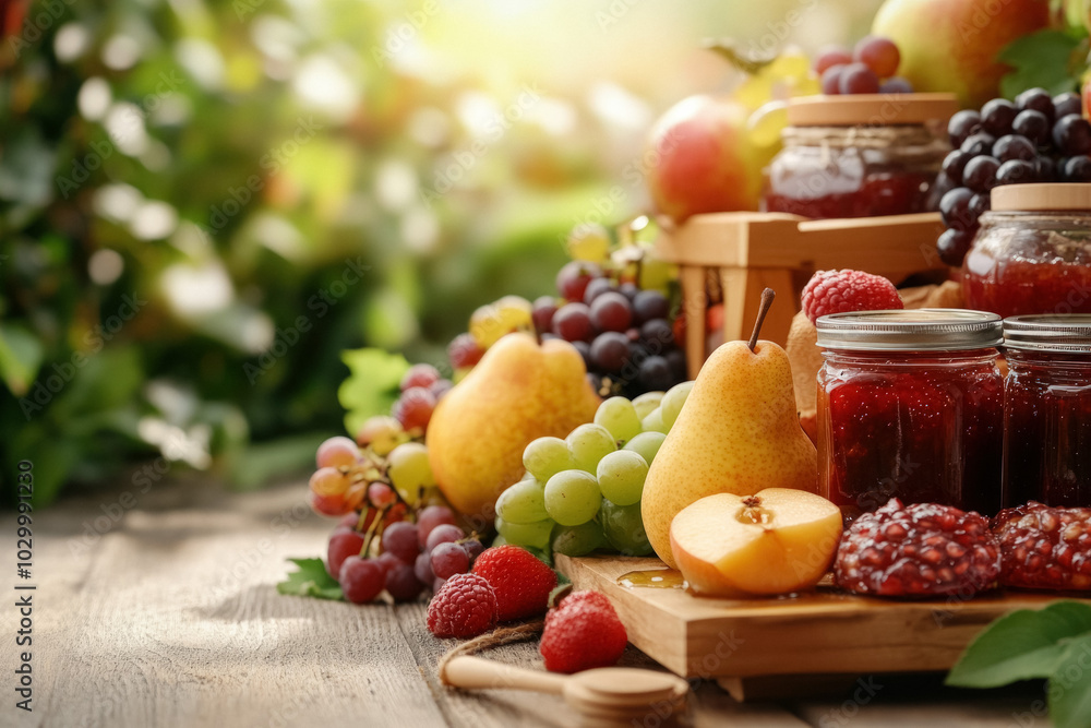 A Seasonal Food Hamper Showcasing Fresh Fruits Like Apples, Pears, And Grapes, Along With Jars Of Homemade Jams And Honey, Highlighting Nature's Bounty A Seasonal Food Hamper Showcasing Fresh Fruits Like Apples, Pears, And Grapes, Along With Jars Of Homemade Jams And Honey, Highlighting Nature's Bounty