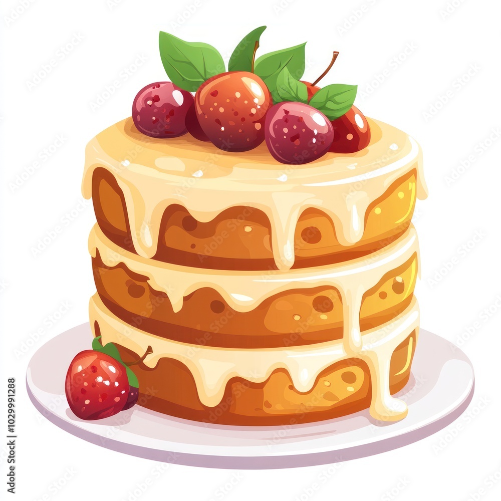 Delicious Cake with White Icing and Red Berries Illustration Delicious Cake with White Icing and Red Berries Illustration
