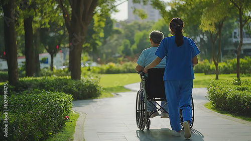 Healthcare Worker Assisting a Senior in a Wheelchair on a Peaceful Walk in a Sunny Green Park for Elderly Care and Supportive Services