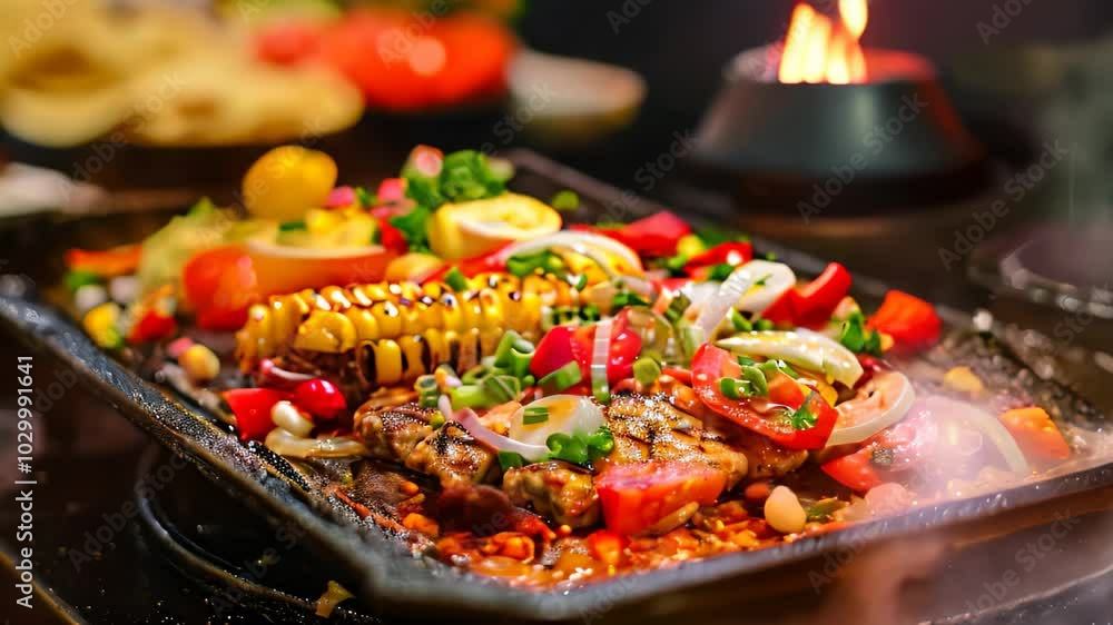 A hot, sizzling griddle with grilled meat, corn, tomatoes, and onions, Sizzling griddle with colorful toppings