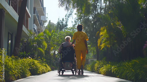 Caregiver Walking with an Elderly Person in a Wheelchair Through a Beautiful Outdoor Garden Pathway at a Senior Care Facility