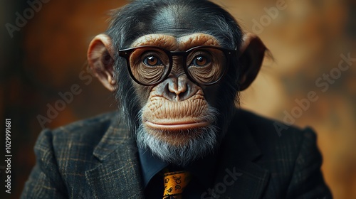 An old monkey, dressed in an elegant modern suit with a stylish tie, poses in a charismatic and human-like manner.