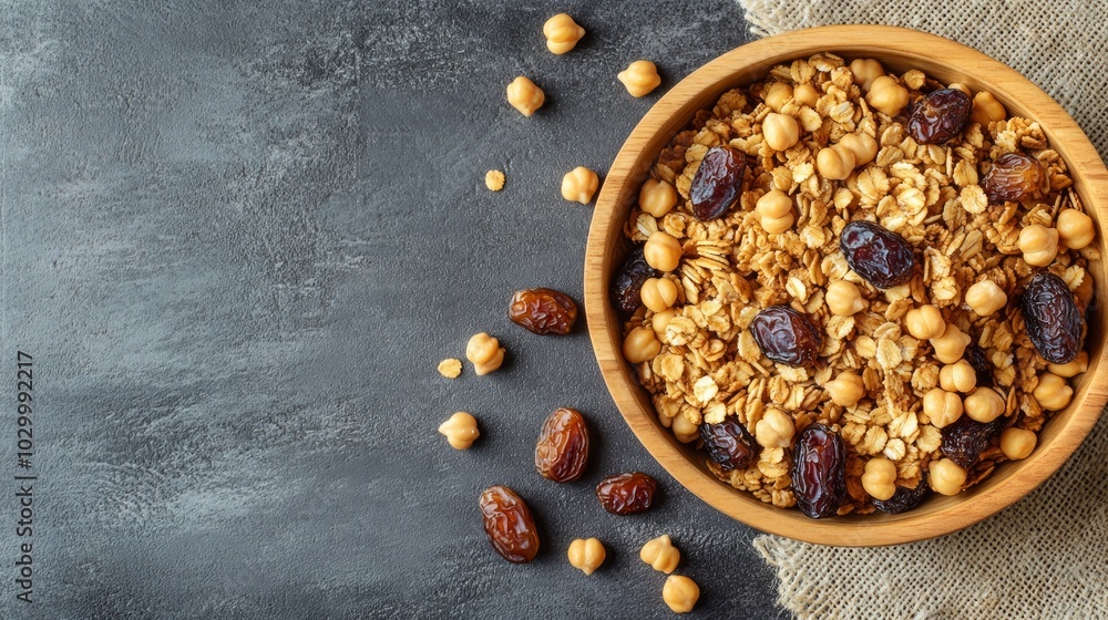A bowl of granola with dates, chickpeas, and oats on a rustic background. A bowl of granola with dates, chickpeas, and oats on a rustic background.