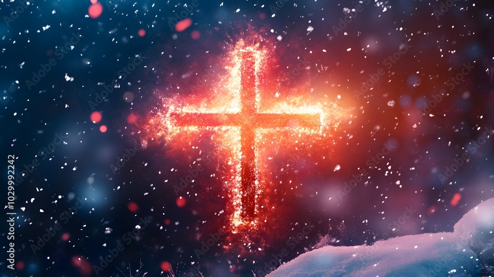 A fiery cross shines brightly against a snowy background. A fiery cross shines brightly against a snowy background.