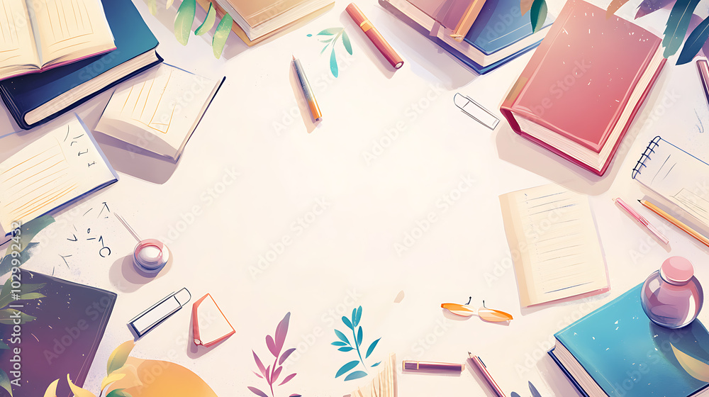 Artistic Flat-Lay Study Desk with Open Books, Notebooks, and Stationery for Educational and Learning Projects Artistic Flat-Lay Study Desk with Open Books, Notebooks, and Stationery for Educational and Learning Projects