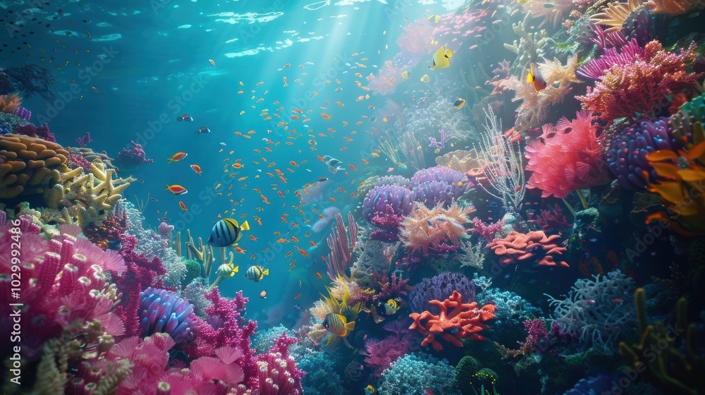 Obraz premium Beautiful Coral Reef with Colorful Fish Swimming Around