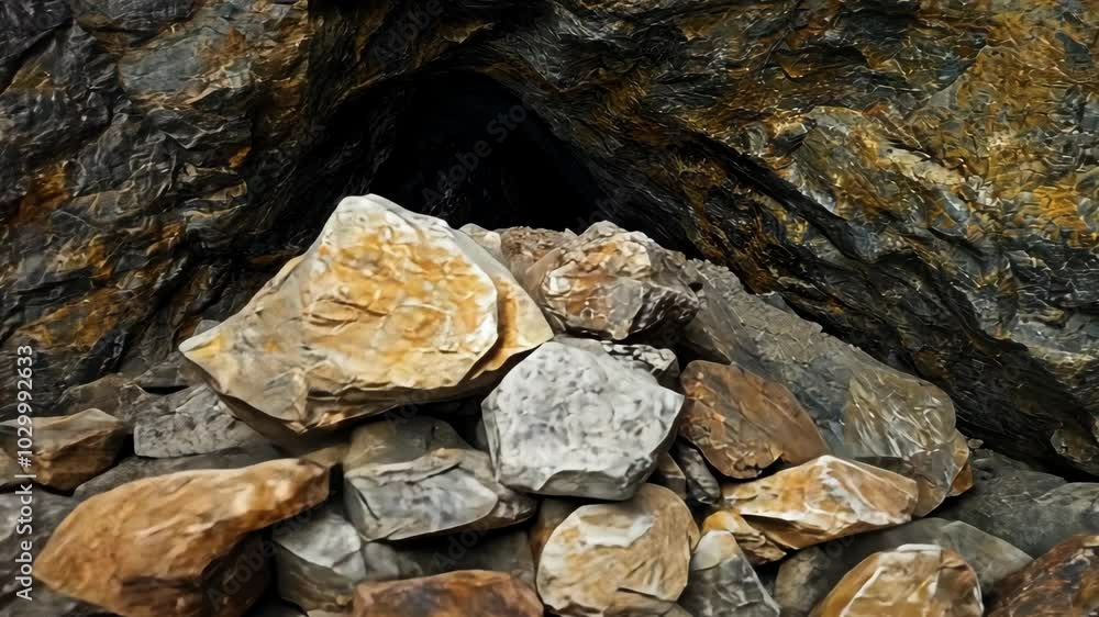 A dark cave opening is partially blocked by a pile of rocks in the hillside