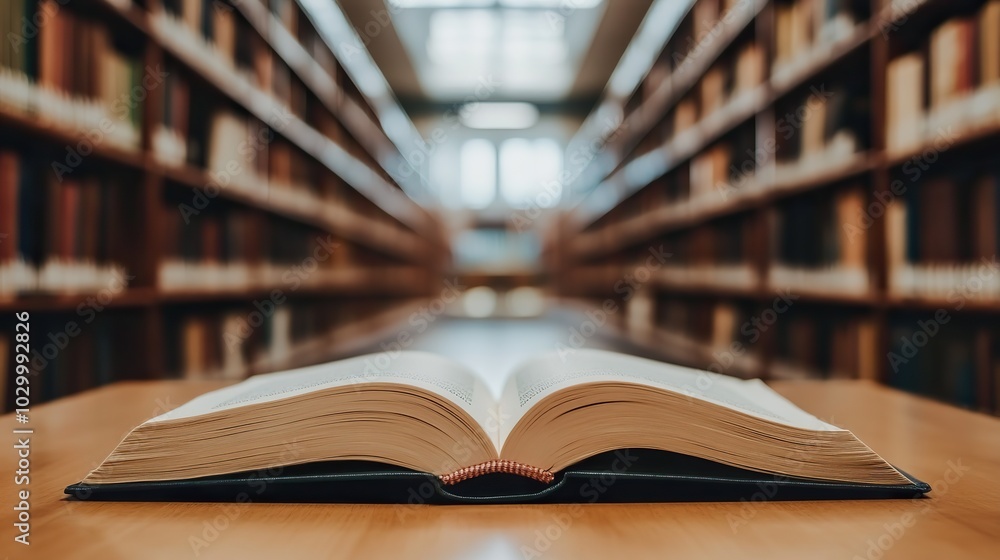 An open book rests in a high school library room, surrounded by a blurred educational environment An open book rests in a high school library room, surrounded by a blurred educational environment