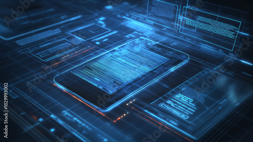 A modern illustration showing a digital bill and a phone used for online banking and shopping. It represents the convenience and security of digital financial transactions.low poly wireframe.