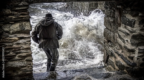 A Man in a Hat Standing Before a Stormy Sea photo