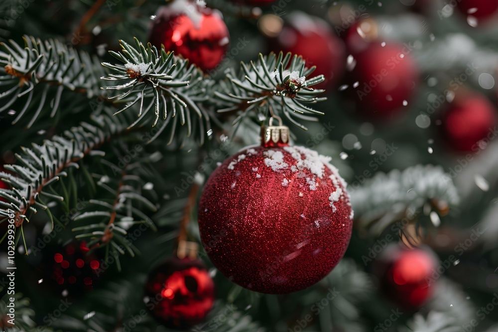 A red ornament hanging from a christmas tree A red ornament hanging from a christmas tree