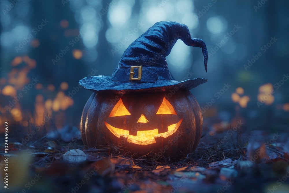 Naklejka premium Illuminated Jack-o'-Lantern with Witch's Hat in a Foggy Forest