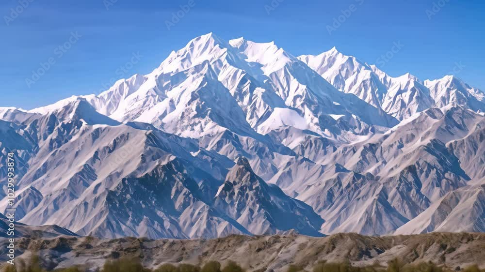 Majestic snow-covered mountains rise against a clear blue sky, showcasing the breathtaking beauty of the Himalayas, Snow-capped mountains under a clear blue sky Majestic snow-covered mountains rise against a clear blue sky, showcasing the breathtaking beauty of the Himalayas, Snow-capped mountains under a clear blue sky