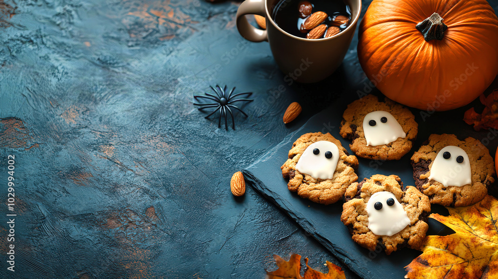 A photo of a coffee mug, pumpkin, and oatmeal cookies on the table in front of her. Halloween background with haunted cookies. A photo of a coffee mug, pumpkin, and oatmeal cookies on the table in front of her. Halloween background with haunted cookies.