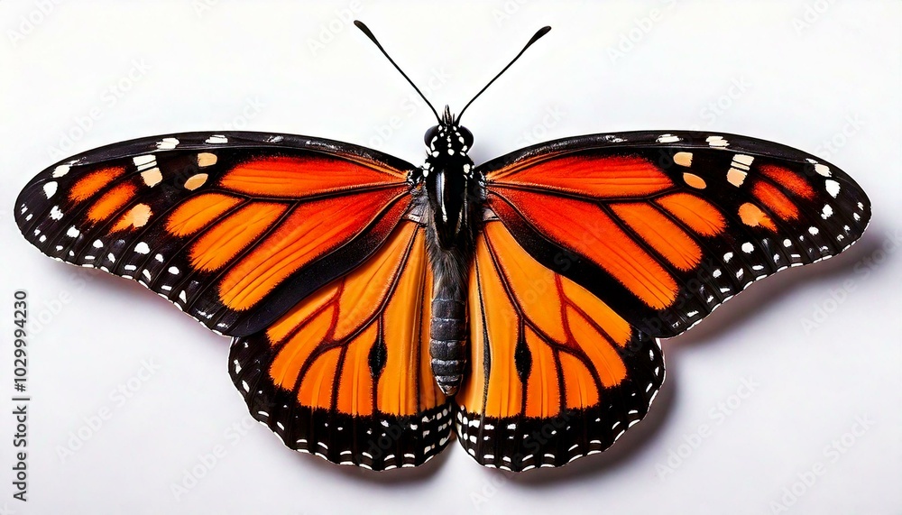 Fototapeta premium Close-up of a monarch butterfly with vibrant wings on white background