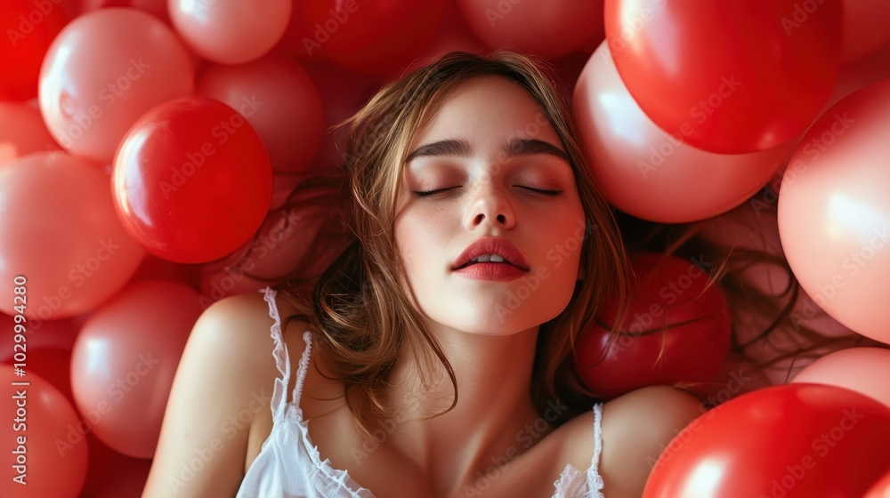 A serene woman lies amidst an array of pink and red balloons with her eyes closed, portraying tranquility and introspection in a vibrant, whimsical setting. A serene woman lies amidst an array of pink and red balloons with her eyes closed, portraying tranquility and introspection in a vibrant, whimsical setting.