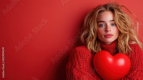 A woman with wavy hair in a red sweater holds a glossy heart-shaped balloon close, set against a matching red background. The image exudes warmth and affection.