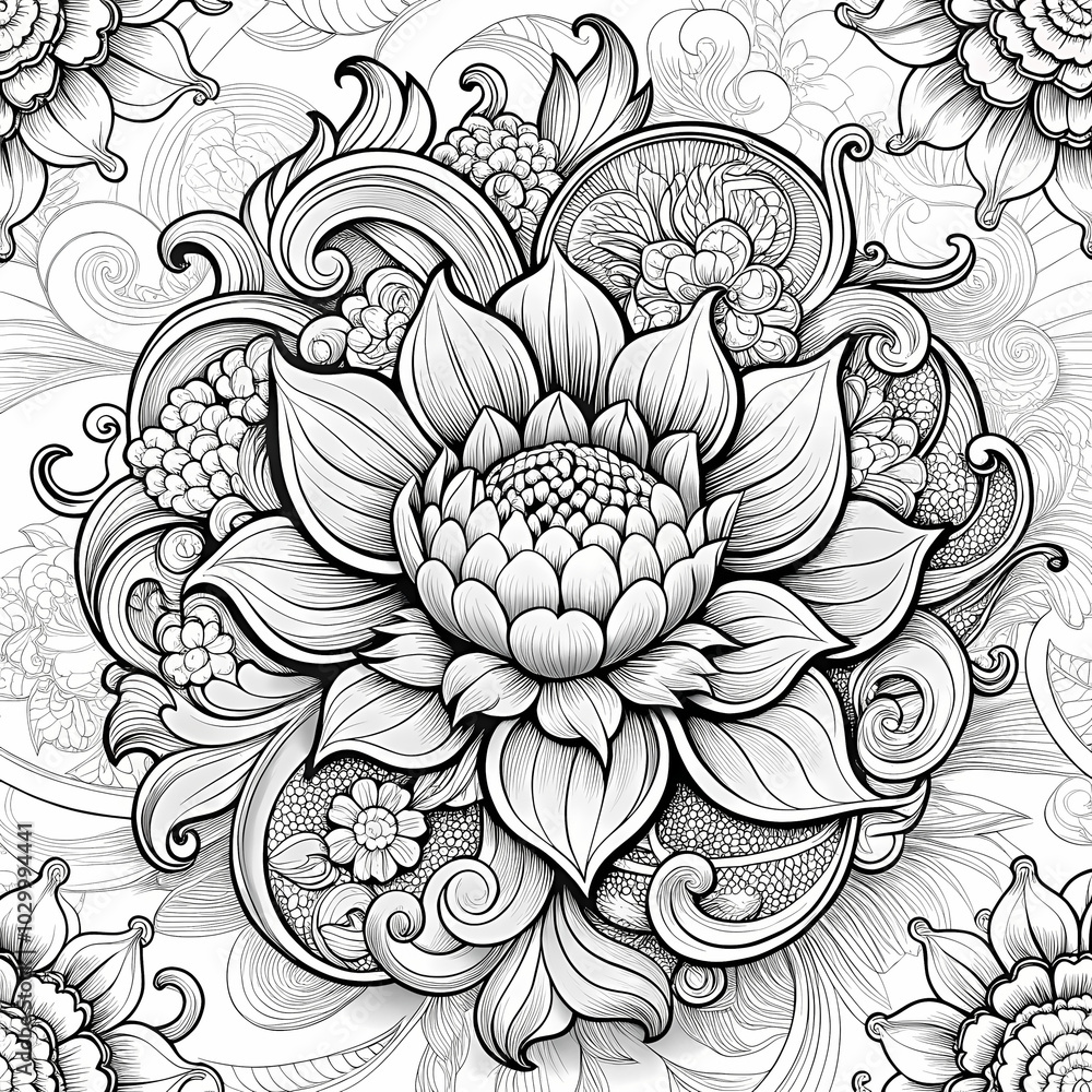 Black and white illustration of a lotus flower with ornamental details Black and white illustration of a lotus flower with ornamental details