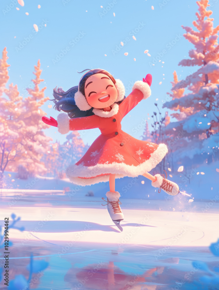 Happy girl ice skating outdoors in winter Happy girl ice skating outdoors in winter
