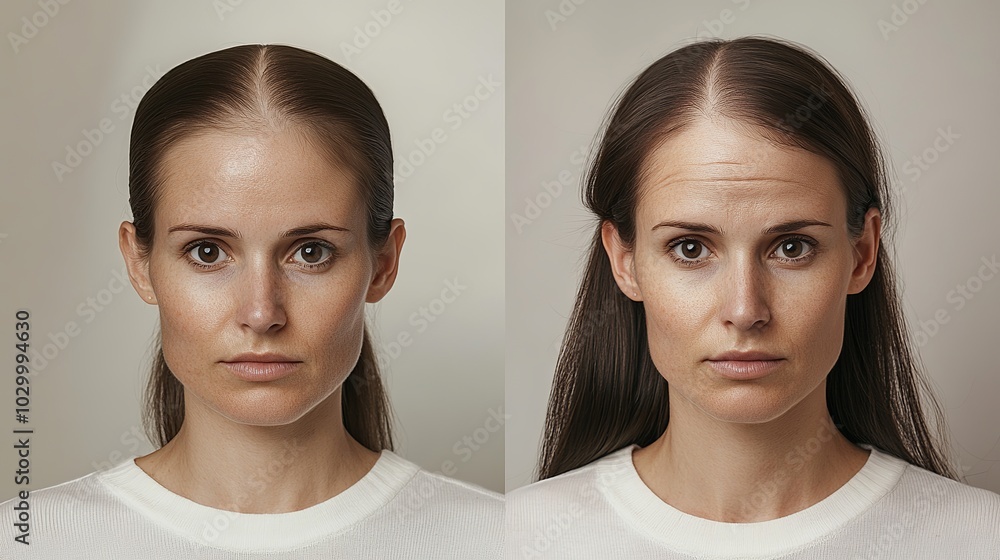 Before and after images of a woman with receding hairline and hair loss. Close-up, front view. Hair care and treatment concept, including hair loss, hair transplant, and alopecia. Before and after images of a woman with receding hairline and hair loss. Close-up, front view. Hair care and treatment concept, including hair loss, hair transplant, and alopecia.