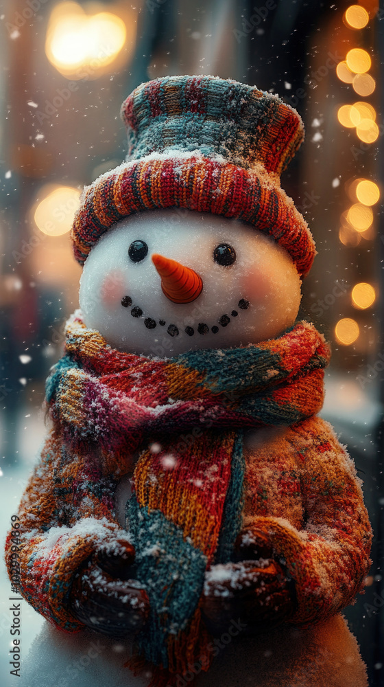 cheerful snowman wearing a colorful scarf and top hat, set against a backdrop of gently falling snow cheerful snowman wearing a colorful scarf and top hat, set against a backdrop of gently falling snow