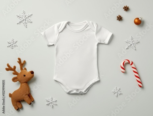 Baby onesie mockup with holiday decorations, white isolate background