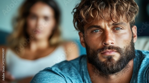 A man with a piercing gaze and rugged features draws focus, while a woman in casual wear sits comfortably in the blurred background of a home setting.