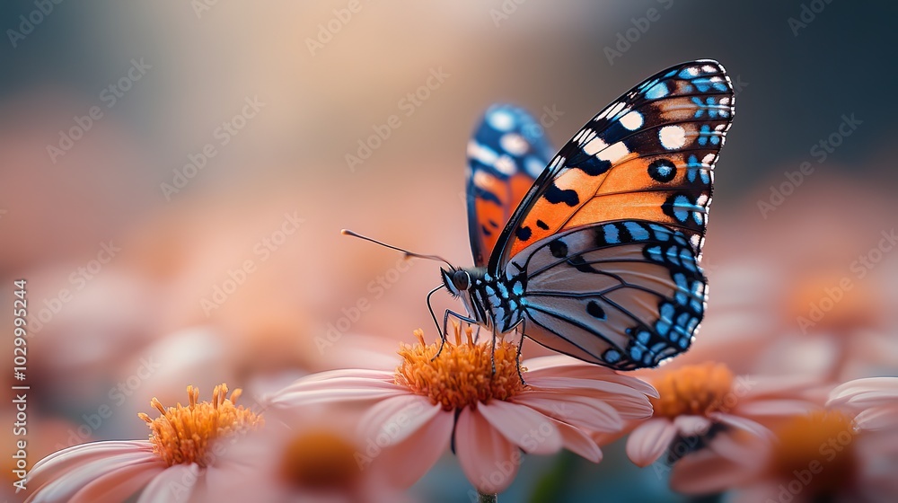 Butterfly sitting on a flower in a garden with a natural blurred background.