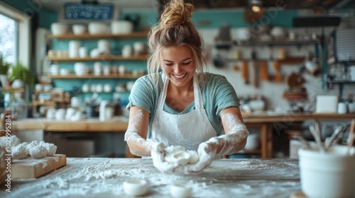 Wallpaper Mural A woman grinning with enthusiasm as she prepares dough in a rustic bakery kitchen, surrounded by utensils, embodying passion and joy in artisanal baking. Torontodigital.ca