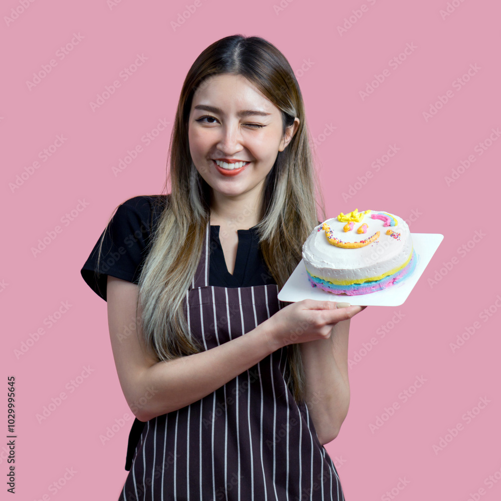 Young asian woman with an apron in celebratory or festive mood holding colorful cake with various sprinkles on the topping. Portrait on pink background with studio light. Isolated Young asian woman with an apron in celebratory or festive mood holding colorful cake with various sprinkles on the topping. Portrait on pink background with studio light. Isolated