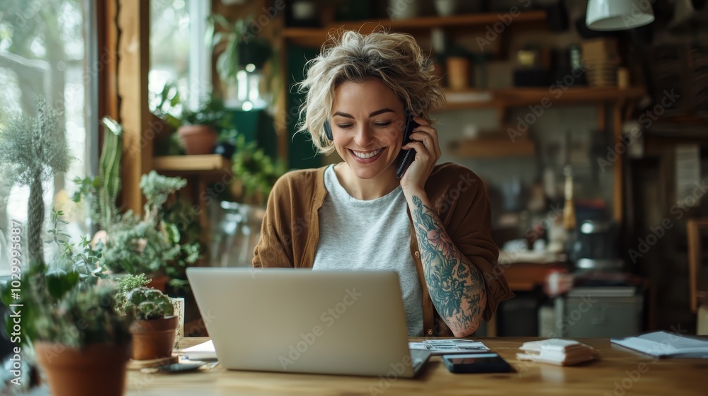 A woman with a tattoo on her arm smiles while working on a laptop in a plant-filled cafe, portraying a blend of modern style, focus, and creativity in an urban setting. A woman with a tattoo on her arm smiles while working on a laptop in a plant-filled cafe, portraying a blend of modern style, focus, and creativity in an urban setting.