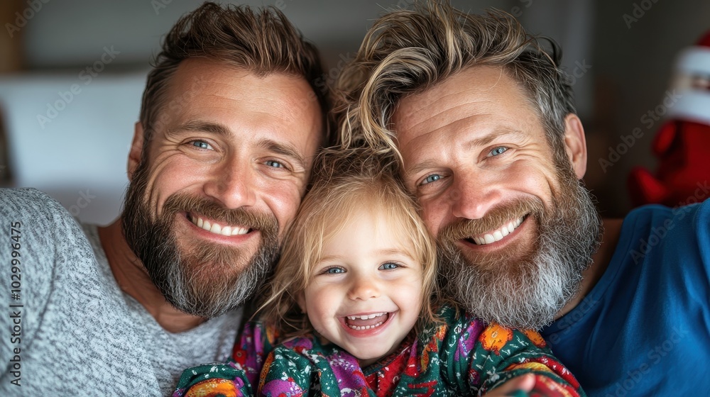 A joyful family of three, featuring two bearded adults and a cheerful child in cozy attire, share a delightful moment in a warmly decorated holiday setting. A joyful family of three, featuring two bearded adults and a cheerful child in cozy attire, share a delightful moment in a warmly decorated holiday setting.