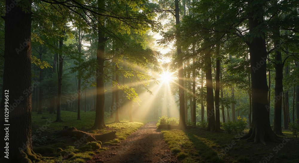 Fototapeta premium Summer forest morning with sun rays breaking through tree branches
