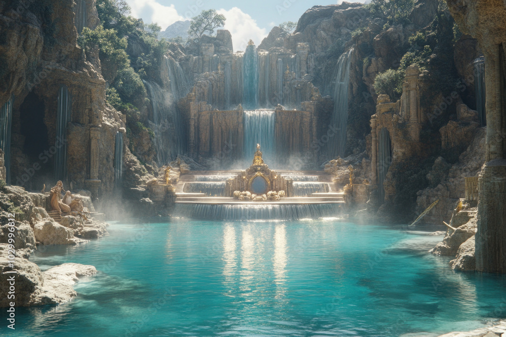 Fairytale Scene With A Sparkling Turquoise Lake, Cascading Waterfalls, And Fantastical Creatures, Creating A Dreamy Wonderland Background Fairytale Scene With A Sparkling Turquoise Lake, Cascading Waterfalls, And Fantastical Creatures, Creating A Dreamy Wonderland Background