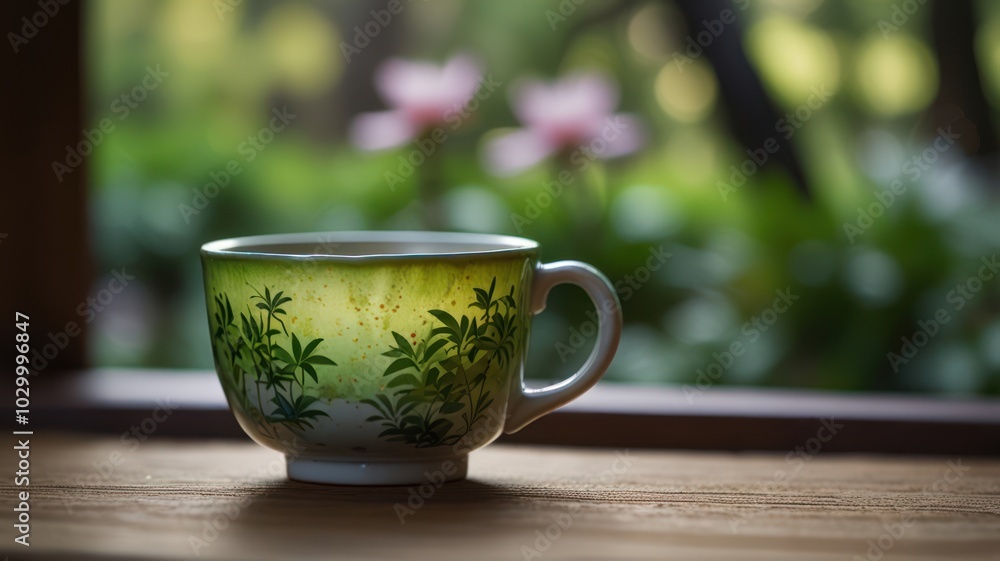 A green teacup sits on a wooden surface by a window with a blurry view of a garden outside. A green teacup sits on a wooden surface by a window with a blurry view of a garden outside.