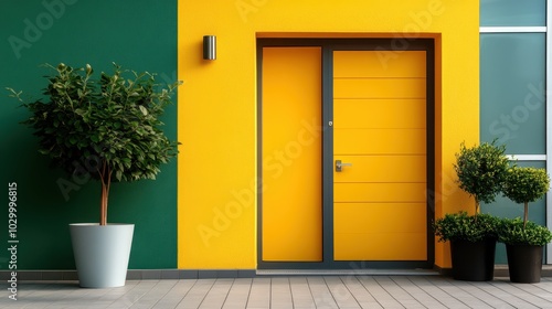 Wallpaper Mural A vivid yellow door is set against a colorful wall, accompanied by potted plants, offering a lively, modern look that captures a sense of style and freshness. Torontodigital.ca