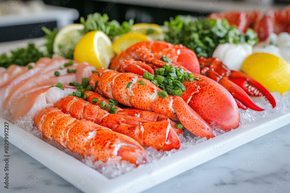 Fresh Seafood At A Boston Fish Market, Featuring Lobsters, Crabs, And Various Fish, All Displayed On Ice Fresh Seafood At A Boston Fish Market, Featuring Lobsters, Crabs, And Various Fish, All Displayed On Ice