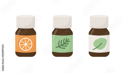 Aroma oil bottles set in cartoon flat style. Fir, orange, eucalyptus oil. Aromatherapy.